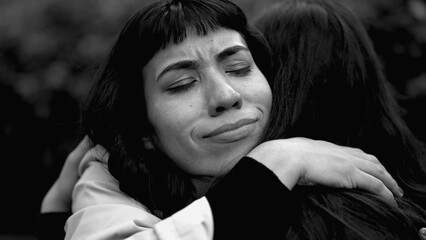 A depressed latin woman having the support of friend. Two women hugging each other in monochromatic. Sad person closeup face