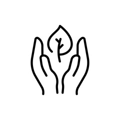 Plant in tha hand line icon. Tree leaf, fertilizer, photosynthesis, sprout, garden, greenery, shovel, green peace. Ecology concept. Vector black line icon on a white background