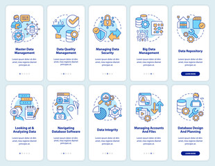 Data management process onboarding mobile app screen set. Analytics walkthrough 5 steps editable graphic instructions with linear concepts. UI, UX, GUI template. Myriad Pro-Bold, Regular fonts used