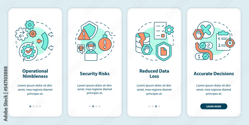 Aufkleber benefits of good data management onboarding mobile app screen. walkthrough 4 steps editable graphic 