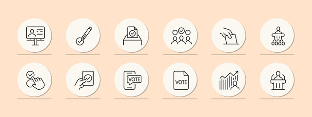 Polling station set icon. Pen, tick, vote, referendum, petition, election, vote, president, MP, politician, give a speech, victory, debate, will, politics. Voting concept. Pastel color background
