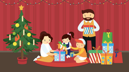 Family opening gifts under the Christmas tree