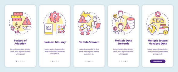 Data governance problem onboarding mobile app screen. Information walkthrough 5 steps editable graphic instructions with linear concepts. UI, UX, GUI template. Myriad Pro-Bold, Regular fonts used