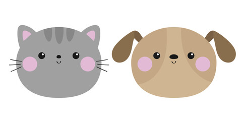 Cat dog set. Funny head face round icon. Pink cheek. Cute funny kawaii doodle baby animal. Cartoon character. Two friends. Pet collection. Kitten kitty puppy pooch. Flat design. White background.