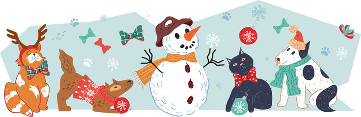 Christmas background with cute animals and snowman. Christmas and New Year banner or greeting poster template with pets and snowman.