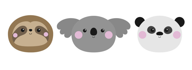 Sloth koala panda bear set. Round face icon. Cute kawaii cartoon baby character. Pink cheek. Happy Valentines Day. Greeting card template. Notebook cover, tshirt print. White background. Flat design.