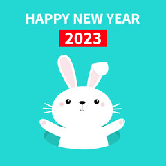 Happy Chinese New Year 2023. The year of the rabbit. Bunny waving paw print hand. Rabbit hole. Cute cartoon kawaii funny baby character. Farm animal collection. Blue background. Flat design