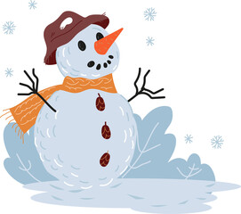Snowman with hat and scarf standing in snowdrifts. Fun at winter holidays and games with snow.