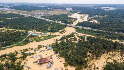 Aerial view of Dengkil district from flooding that causes damage of the infrastructure and housing...