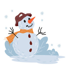 Snowman with hat and scarf standing in snowdrifts, flat vector illustration isolated on white background. Fun at winter holidays and games with snow.