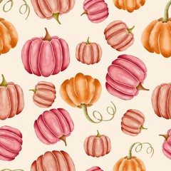 Orange and pink hand drawn watercolor pumpkins on yellow, seamless repeating surface pattern design - 547105078