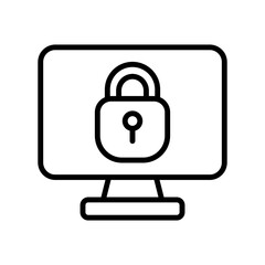 Monitor with lock line icon. Private information, personal data, protection, password, twofactor authentication. Defense concept. Vector black line icon on a white background