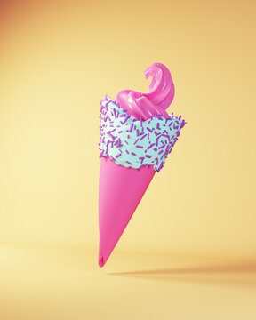 Ice Cream Luxury Pink Strawberry Blue Blueberry Flavour with Purple Sprinkles Summer Treat Dessert Floating Mid Air 3d illustration render