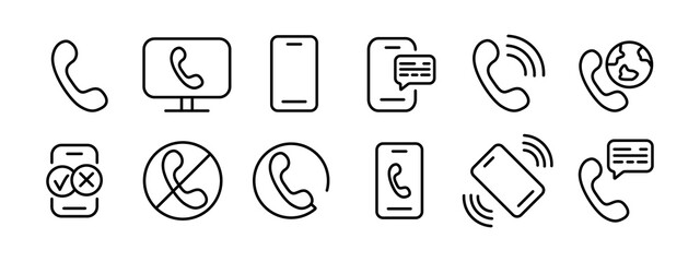 Contact us set icon. Phone, handset, calls all over the planet, communication, gear, review, emoticon, geolocation, gps. Phone concept. Vector black set icon on a white background