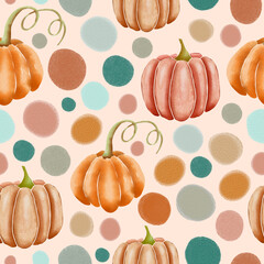 Orange and pink hand drawn watercolor pumpkins and polka dots on pink, seamless repeating surface pattern design