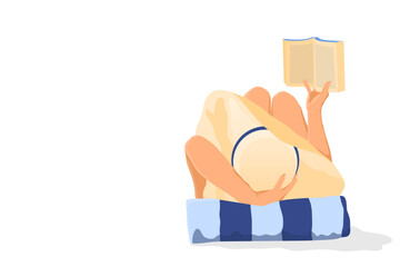 Woman with open paper book. Happy girl reading isolated on the white background. Sexy and elegant lady on the  seashore. Copy space. Flat vector illustration 