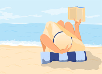 Woman with open paper book. Happy girl reading on the beach. Sexy and elegant lady on the  seashore. Seaside vacation. Flat vector illustration 