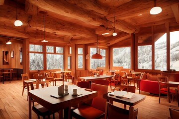 Chalet style mountain cabin restaurant with wooden details illustration