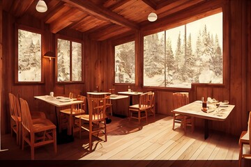 Chalet-style hut in winter mountain cabin illustration