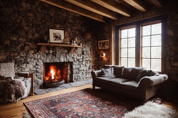 English cottage Scandinavian style living room interior design illustration 