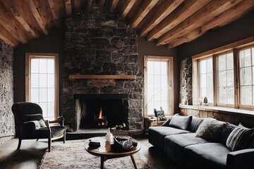 Cozy English cottage style living room interior design with wooden beam and rock wall illustration  - obrazy, fototapety, plakaty