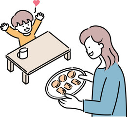 おやつの時間に喜ぶ子供とおやつを持ってくるお母さんのイラスト素材