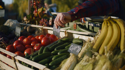Farmer lays out vegetables or fruits, prepares point of sale to the start of a productive work day. Man feels happiness, engages favorite job. Vegetarian and organic food. Agriculture. Close-up view.