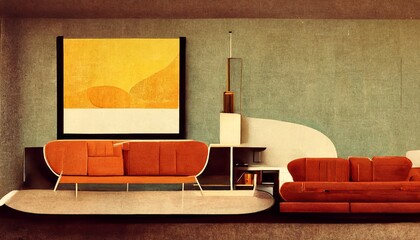 Mid-century modern style living room interior with sofa illustration 