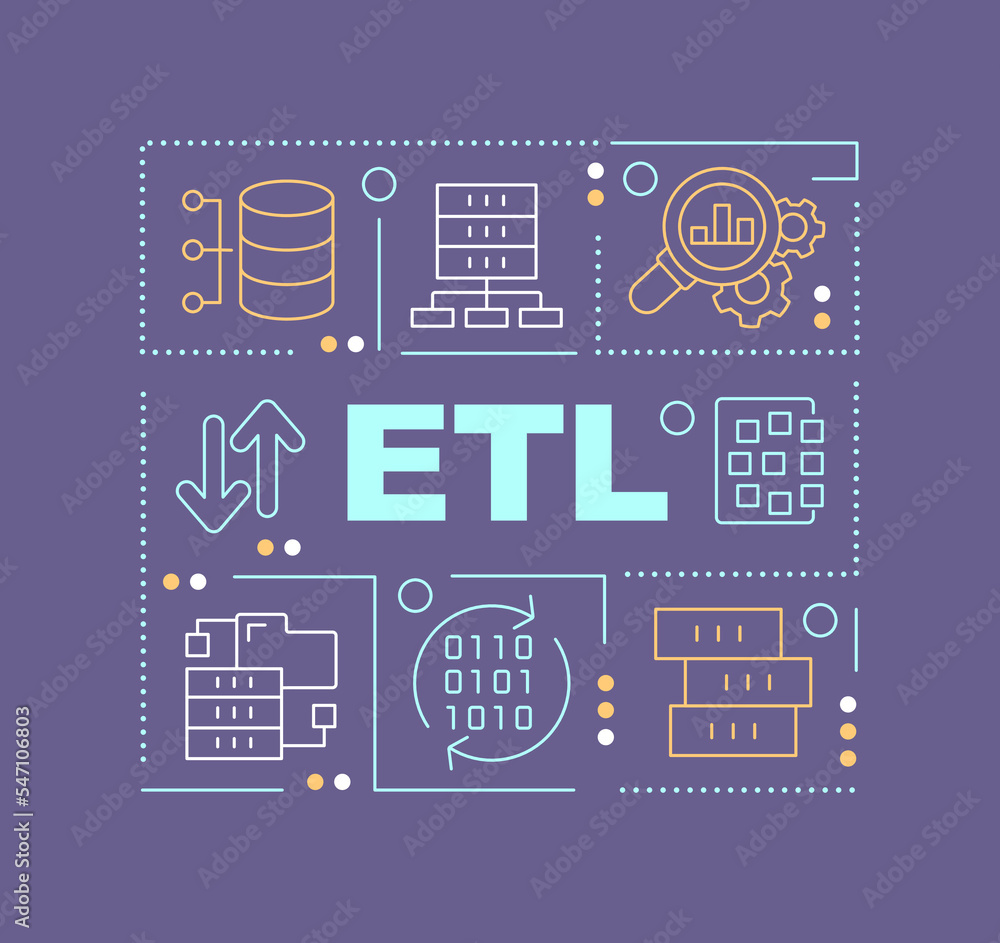 Aufkleber etl word concepts violet banner. database process. information storage. infographics with editable i