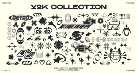 Retro futuristic elements for design. Collection of abstract graphic geometric symbols and objects in y2k style. Templates for pomters, banners, stickers, business cards