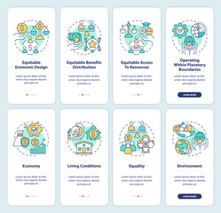 Obraz premium Inclusive economy attributes onboarding mobile app screen set. Walkthrough 4 steps editable graphic instructions with linear concepts. UI, UX, GUI template. Myriad Pro-Bold, Regular fonts used