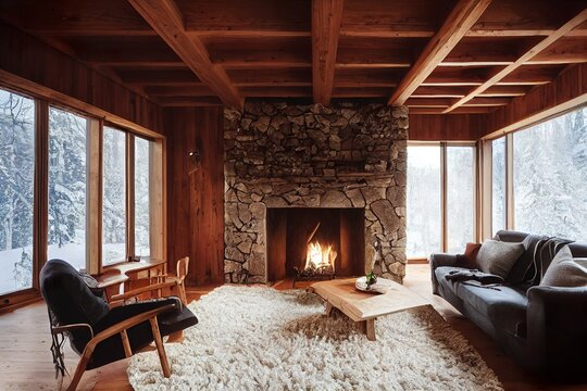 Cozy wooden chalet style living room interior design illustration 