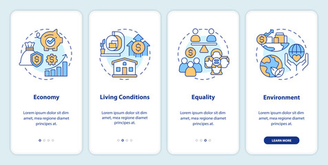 Pillars of inclusive growth index onboarding mobile app screen. Walkthrough 4 steps editable graphic instructions with linear concepts. UI, UX, GUI template. Myriad Pro-Bold, Regular fonts used