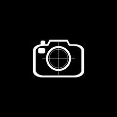 Camera icon.  Flat white color photo camera for graphic design and web design.  Icon isolated on black background