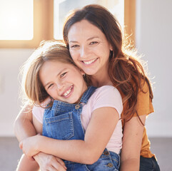 Mother, love and hug girl for portrait of support, trust and relax quality time in family home....