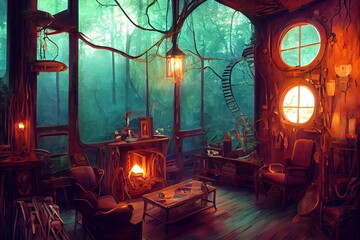 Abandoned misty steampunk working room  interior illustration