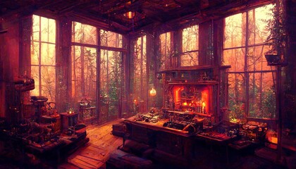 Fototapeta na wymiar Abandoned misty steampunk house interior with fireplace illustration