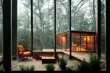 Cozy forest house interior illustration with glass wall and winter garden