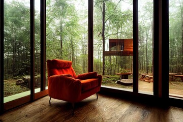 Wooden forest house interior illustration with glass wall and armchair