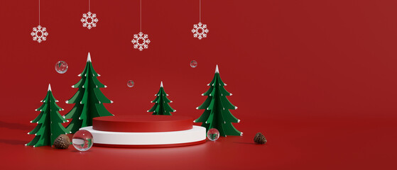 Christmas banner with podium, Christmas trees, snowflakes, and empty space on red background