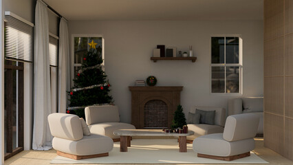 Modern and cozy home living room with Christmas decoration, comfortable sofa, fireplace