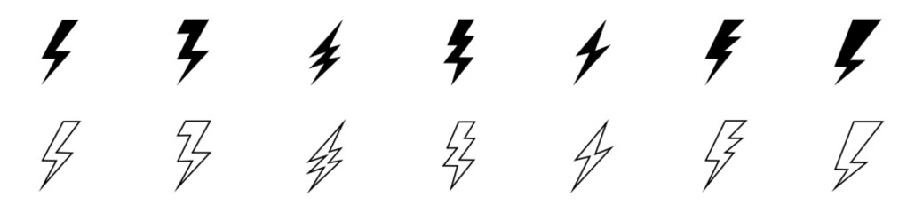 Lightning bolt vector icon set. Flat style. 