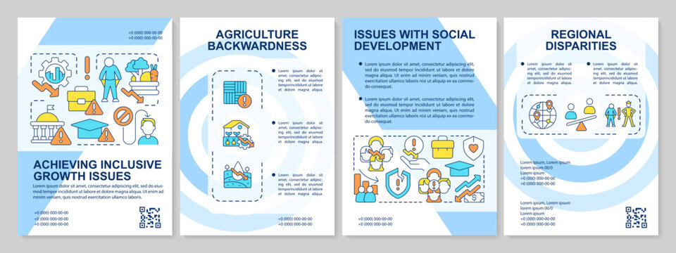 Challenges of inclusive development blue brochure template. Leaflet design with linear icons. Editable 4 vector layouts for presentation, annual reports. Arial, Myriad Pro-Regular fonts used