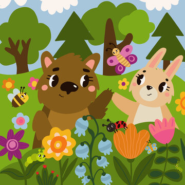 Illustration for children book with characters on the lawn - bear, rabbit, butterflies, beetles, caterpillar. Cartoon lawn with flowers and trees.