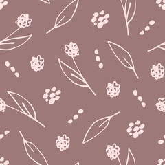 Delicate calm floral vector seamless pattern. Light outline of wildflowers, leaves on marsala color background. For printing on fabrics, textiles, packaging, clothing.