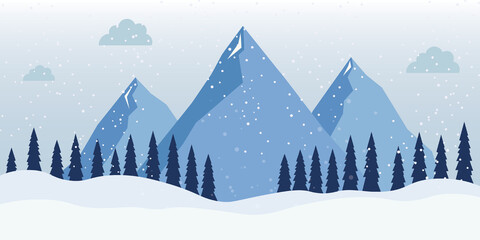 Snowscape nature scene icon. Winter landscape with mountains and snowfall. Vector illustration