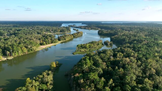 Aerial view of the lush green East End Park and Lake Houston in Kingwood,TX