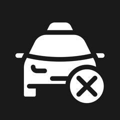 Rejected taxi order dark mode glyph ui icon. Restricted transport. User interface design. White silhouette symbol on black space. Solid pictogram for web, mobile. Vector isolated illustration