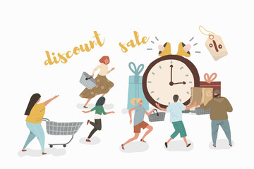 Concept people rushing to the sale, vector. Characters cartoons of people with baskets and carts against the background of huge clocks, loudspeakers and goods.Cartoon character happy shopper. 