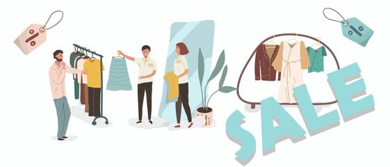 Vector illustration of a man chooses clothes, buyer characters cartoons. Friendly sales consultants help. Hanger, showcase, goods. Consumerism, sale of clothes.